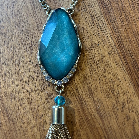 🟨Gold Tone and Teal Pendant Necklace with Tassel. 32” chain + pendant. - Picture 8 of 10